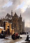 A Capricio View With Figures Leaving A Church In Winter by Bartholomeus Johannes Van Hove